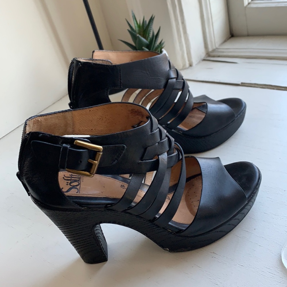 Stacked-heel platform sandals by Sofft. Comfortable with some give in the heel.